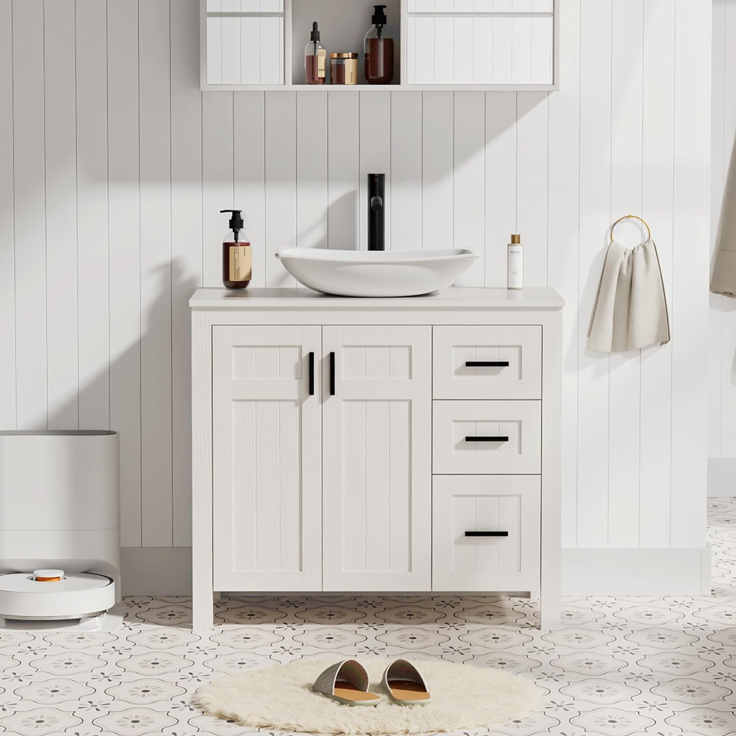 eclife 36" Bathroom Vanity with Sink Combo, Modern Freestanding Cabinet with Soft Closing Grooved Doors and Drawers, Vessel Sink Top, Faucet & Pop Up Drain (White Curved, 36" White)