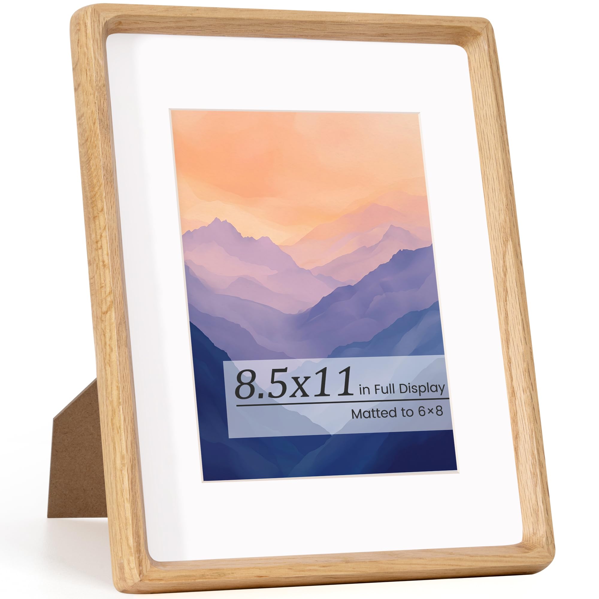 KovaScape Picture Frames, Solid Oak Wooden Frame,Round Corner Hand Craft Photo Frame, 8.5x11 Matted to 6x8, 8.5 by 11 Document Diploma Frame with HD Real Glass,Wall or Tabletop Display
