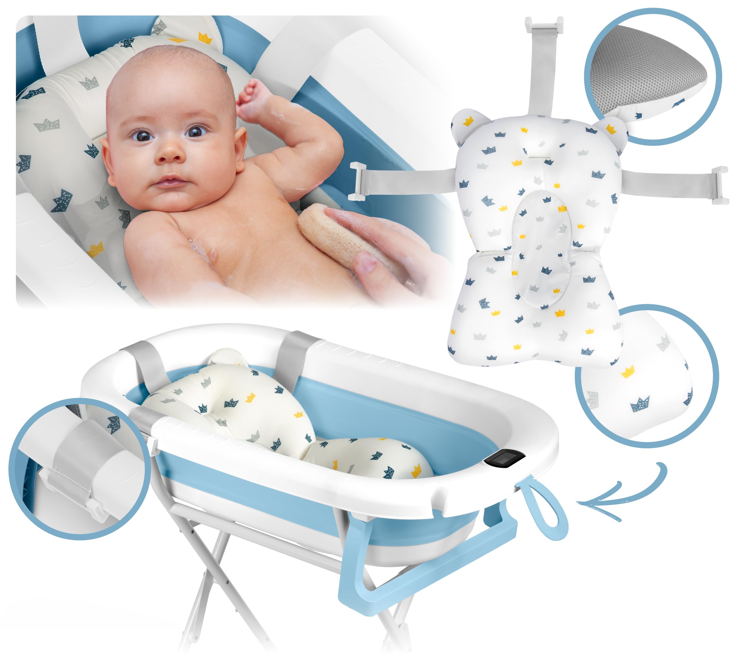 Ricokids Baby Badewanne Babywanne mit Gestell Thermometer und Badekissen - Faltbar Leicht Rutschfest - Weiß Blau