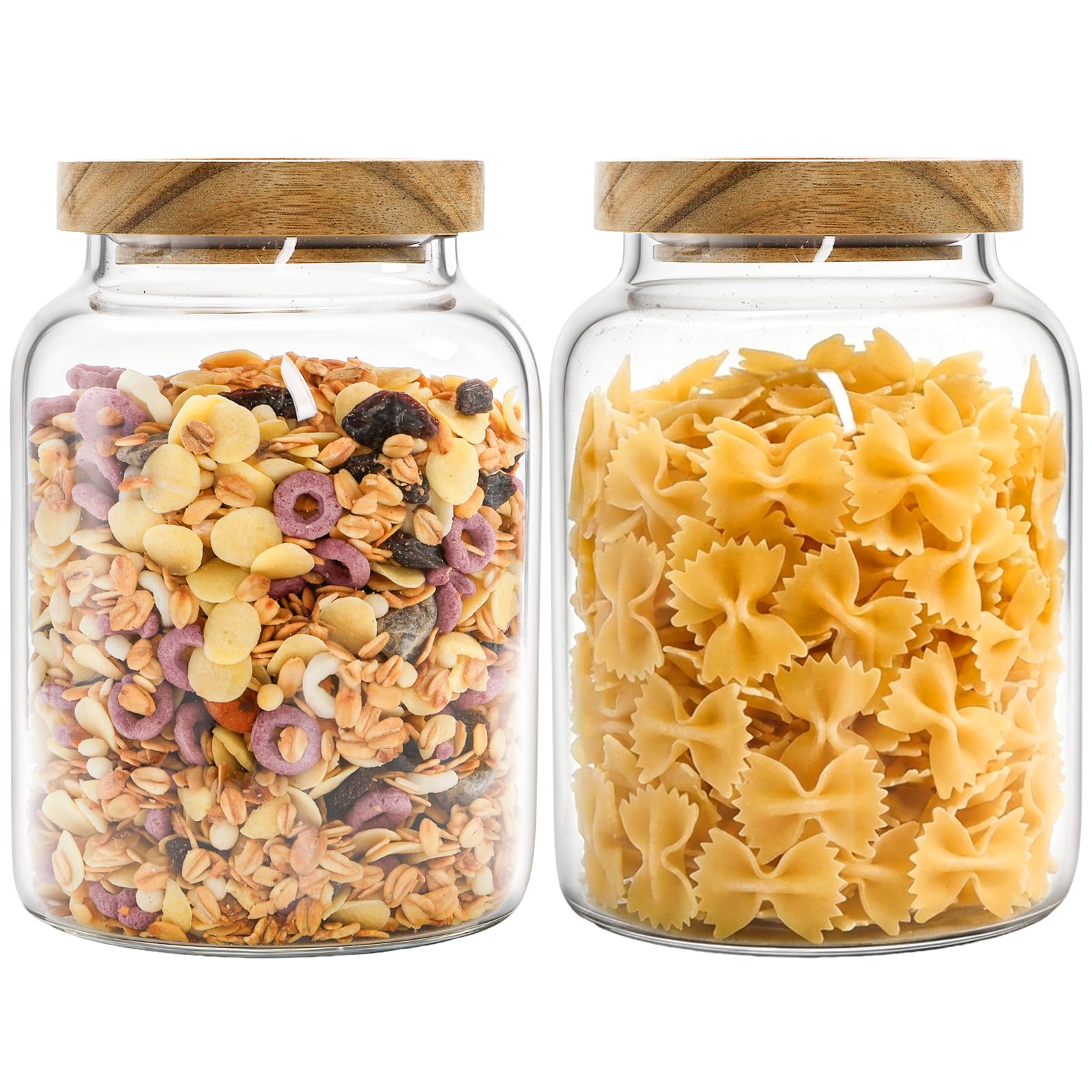 Bekith 2 Pack 42 FL OZ (1250ml) Glass Storage Jars with Wooden Lids, Glass Food Storage Container with Airtight Lid, Pantry Canister for Beans, Rice, Sugar, Coffee and etc