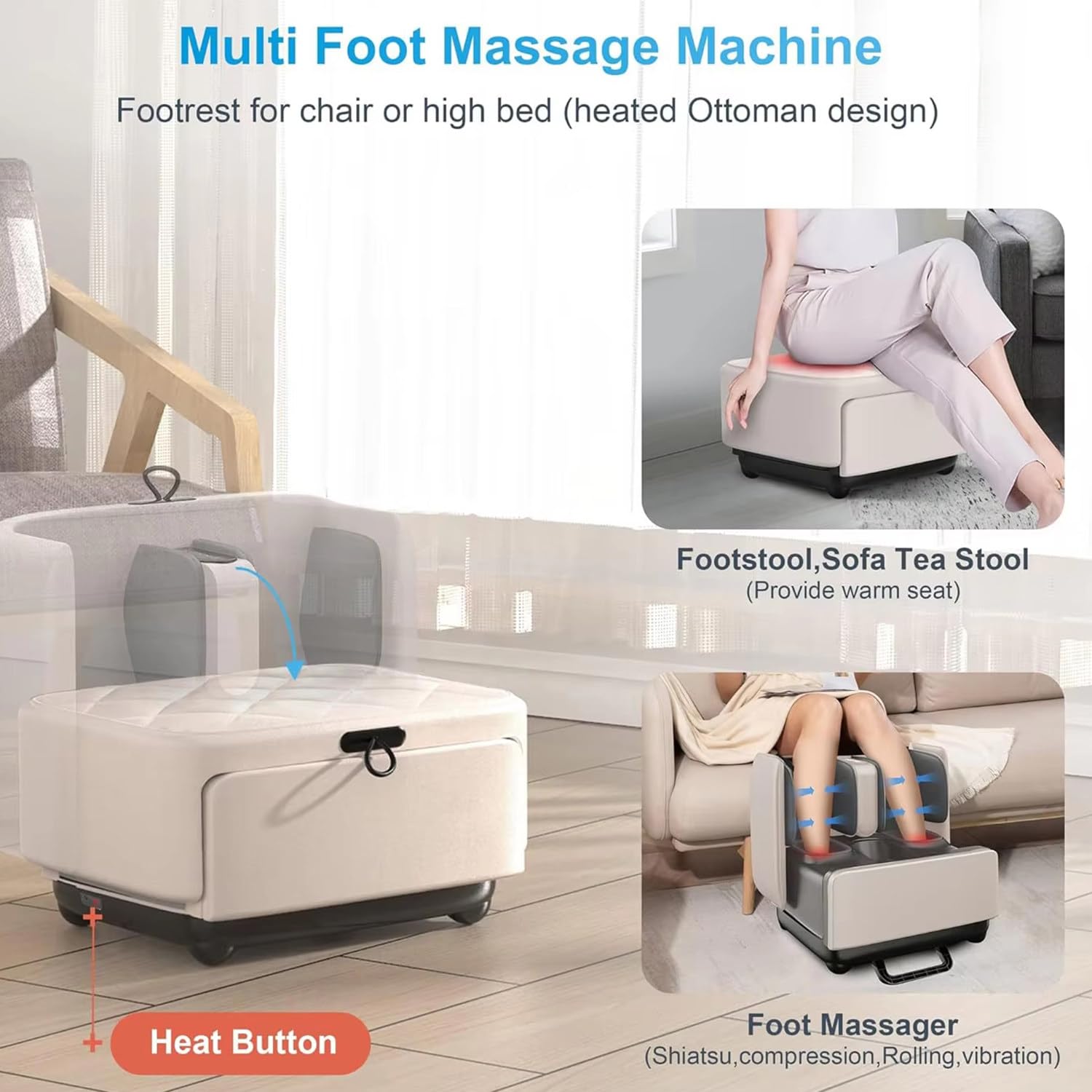 Massaggiatore per Piedi e Polpacci 2 in 1,Design dello Sgabello,con Shiatsu, Calore, Impastamento e Vibrazione, Compressione per Caviglie e Gambe,Adatto a Tutta la Famiglia Black