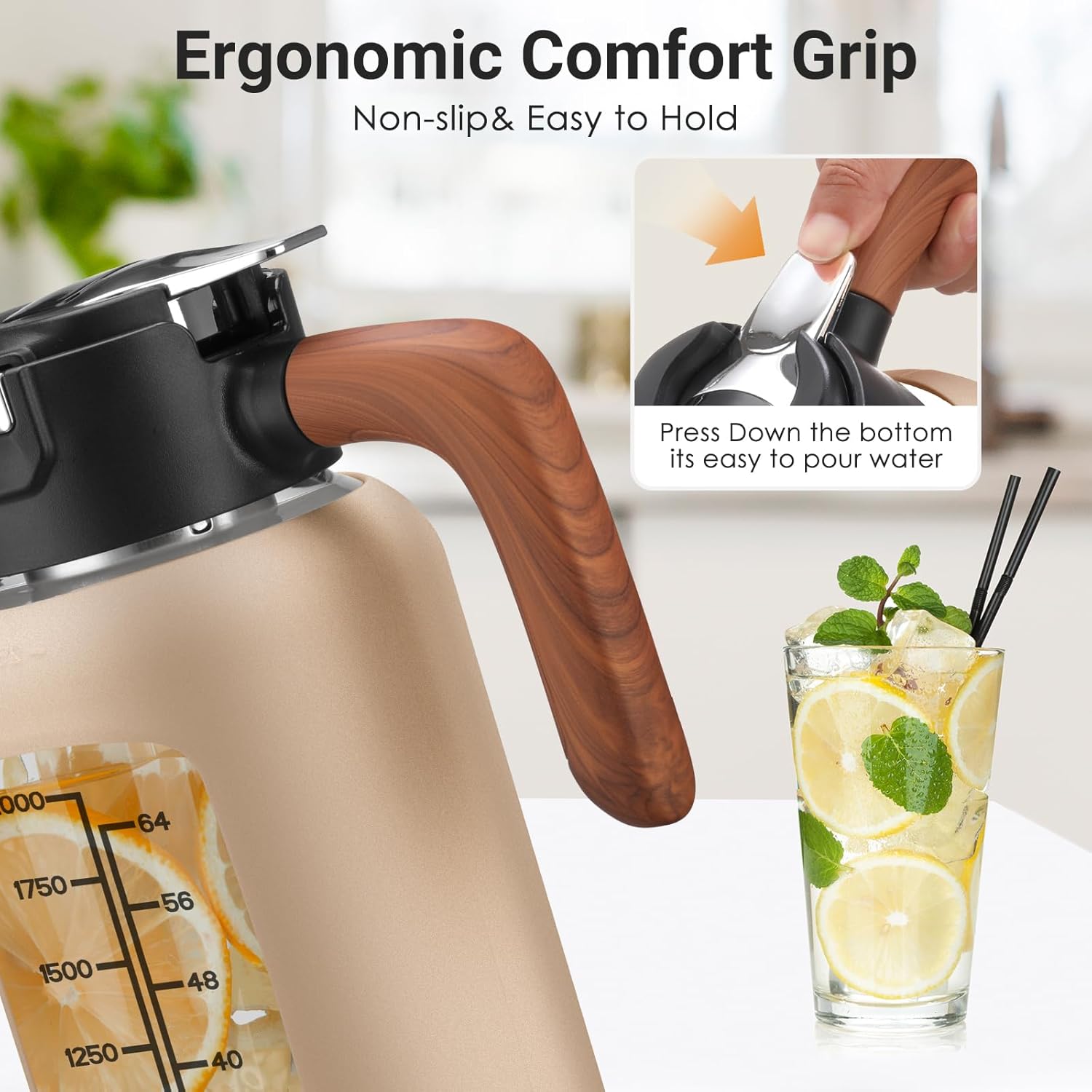 84oz Glass Pitcher with Lid and Handle Borosilicate Glass Water Jug/Carafe for Hot & Cold Beverages, 2.5Liter Large Pitcher with Silicone Sleeve & Wide Mouth, Fridge Safe for Iced Tea, Coffee, Juice