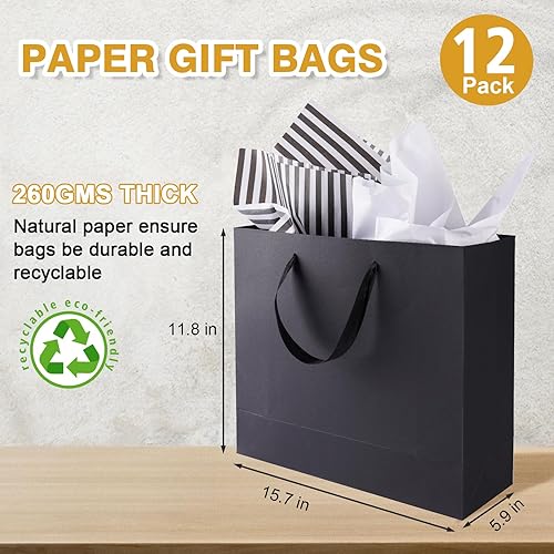 Miniatura 2 de Bolsas de regalo negras extragrandes de 15.7 pulgadas para regalos con papel de seda y asas de cinta para compras, pequeñas empresas, fiestas de