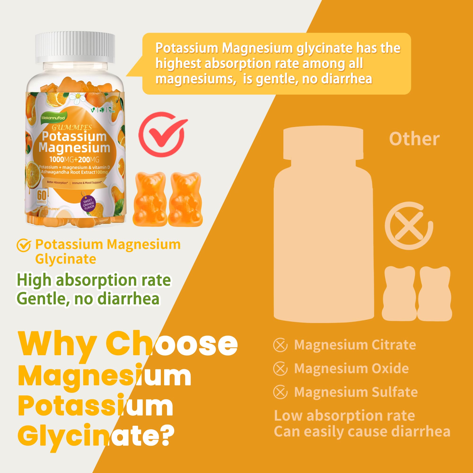 Potassium Magnesium Gummies,High Absorption Magnesium Glycinate,B6,D3,Potassium Citrate for Leg Cramps,Muscle,Electroyte for Adults Kids,Sugar-Free, 60 Gummies (Sweet Orange Flavor) — Amazon image 8