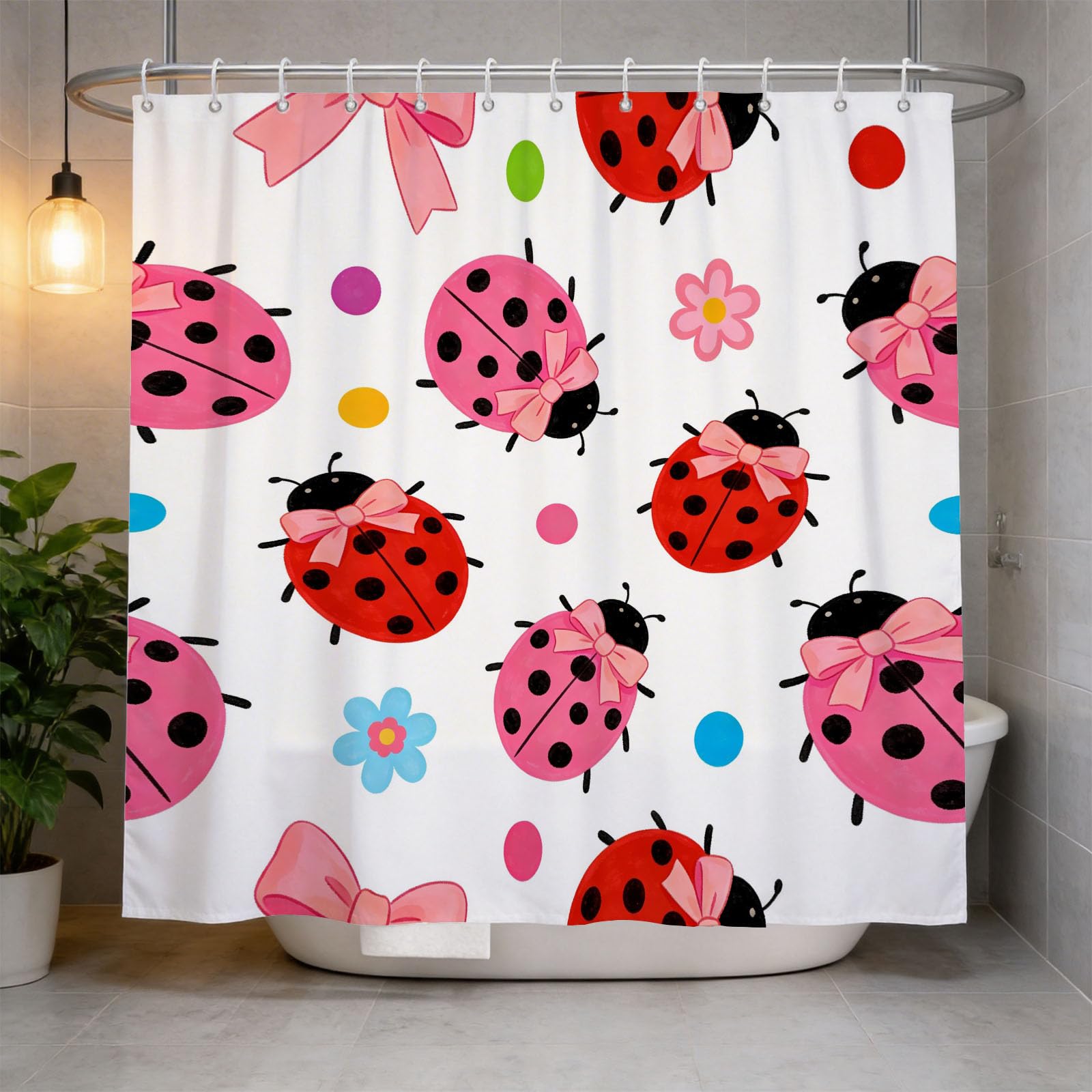 Hongduo 3D Bowknot Ladybug Shower Curtain for Stalls Bathtubs Pink Polka Dots Bathroom Decor Shower Curtain Set Polyester Fabric Waterproof 180x180cm/71X71 Inch with Hooks