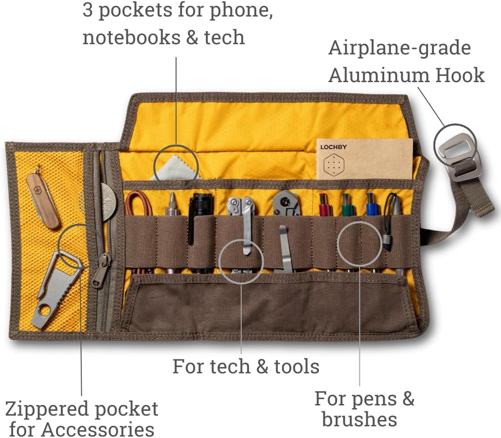 LOCHBY® Art & Electronic Organizer | EDC Roll-Up Tool Bag for Pen Lovers & Tech | Multi-Pocket with Elastic Loops for Pens, Cables, External Hard Drives | Stylish Waxed Canvas & Durable Aluminum Hooks