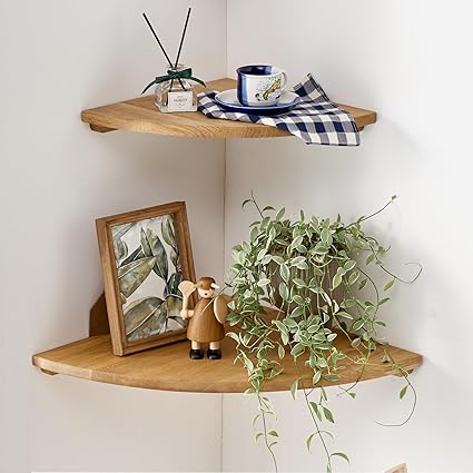 Corner Shelves Wall Mount, 10inch Oak Wood Floating Corner Shelves Set of 2 Round End Small Plant Shelf Wall Mount for Kitchen, Living Room, Bedroom…