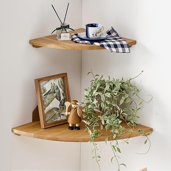 Corner Shelves Wall Mount, 10inch Oak Wood Floating Corner Shelves Set of 2 Round End Small Plant Shelf Wall Mount for Kitchen, Living Room, Bedroom…