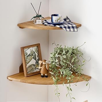 Corner Shelves Wall Mount, 10inch Oak Wood Floating Corner Shelves Set of 2 Round End Small Plant Shelf Wall Mount for Kitchen, Living Room, Bedroom…