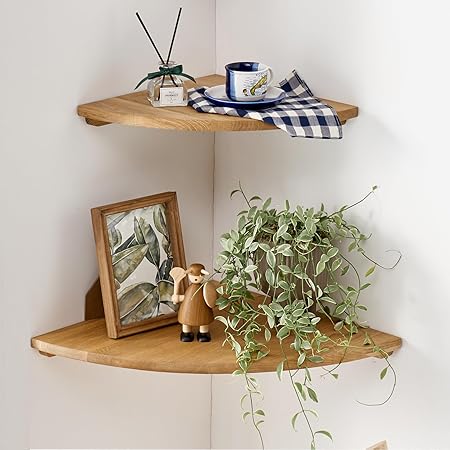 Corner Shelves Wall Mount, 10inch Oak Wood Floating Corner Shelves Set of 2 Round End Small Plant Shelf Wall Mount for Kitchen, Living Room, Bedroom…