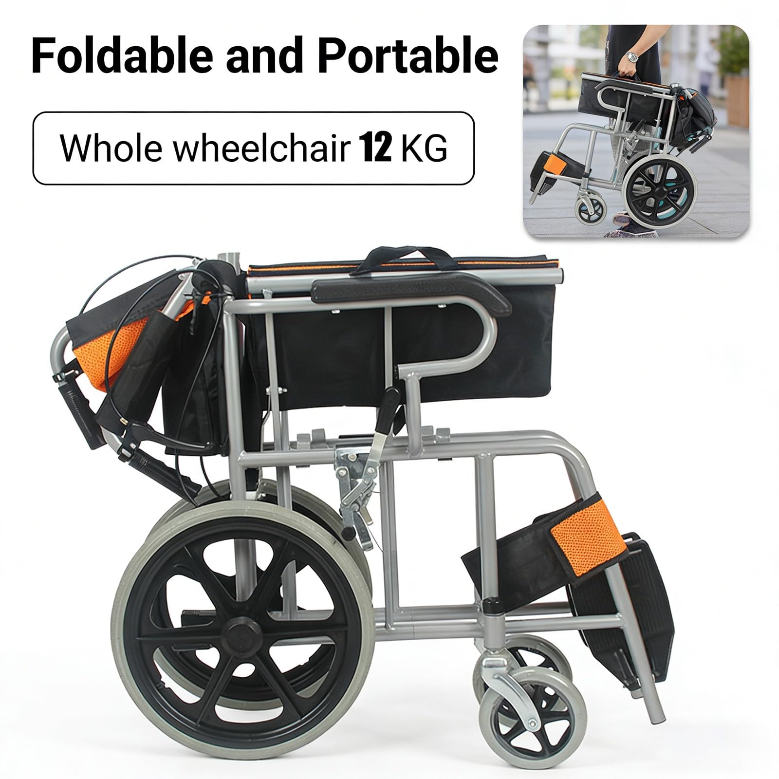 Silla De Ruedas Plegable Ultraligera Para Adultos| 12 Kg, Carga Máxima 100 Kg, Válida Para Vuelos Y Equipaje De Mano, Plegable Con Una Sola Mano, Apoyapiés Extraíbles Y Bolsillo Trasero
