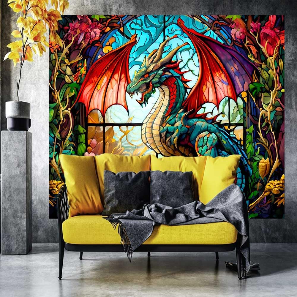 Ine Ive Fantasy Dragon Tapestry Stained Glass Window Tapestry Large Size 100x90Inches Forest Plant Floral Medieval Animals Dragon Wall Decor for Bedroom Dorm Home