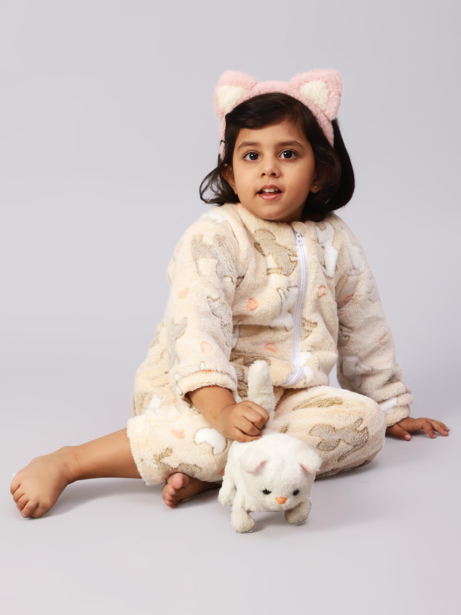 Bubble Berry Romper Night Suit Kids and Babies, Beige Cat- Winter - Image 2 thumbnail