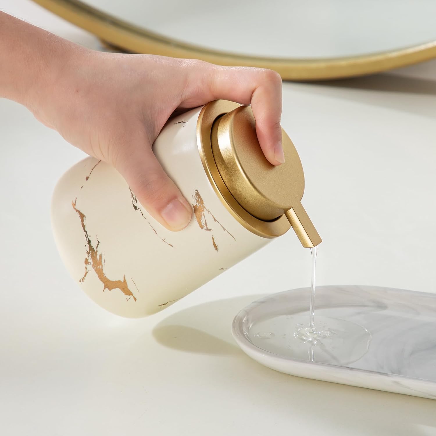 Enra Ceramic Soap Dispenser,Gold Marble Hand Soap Dispenser Bathroom image 4