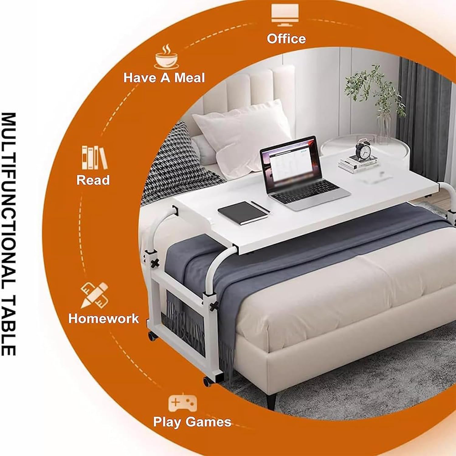 Tavolino Con Ruote，tavolo Servitore Regolabile In Altezza Da Letto Ruote Tavolo Divano Per Pc Lavoro E Braccio Notebook Salotto(Color:Bianco+)