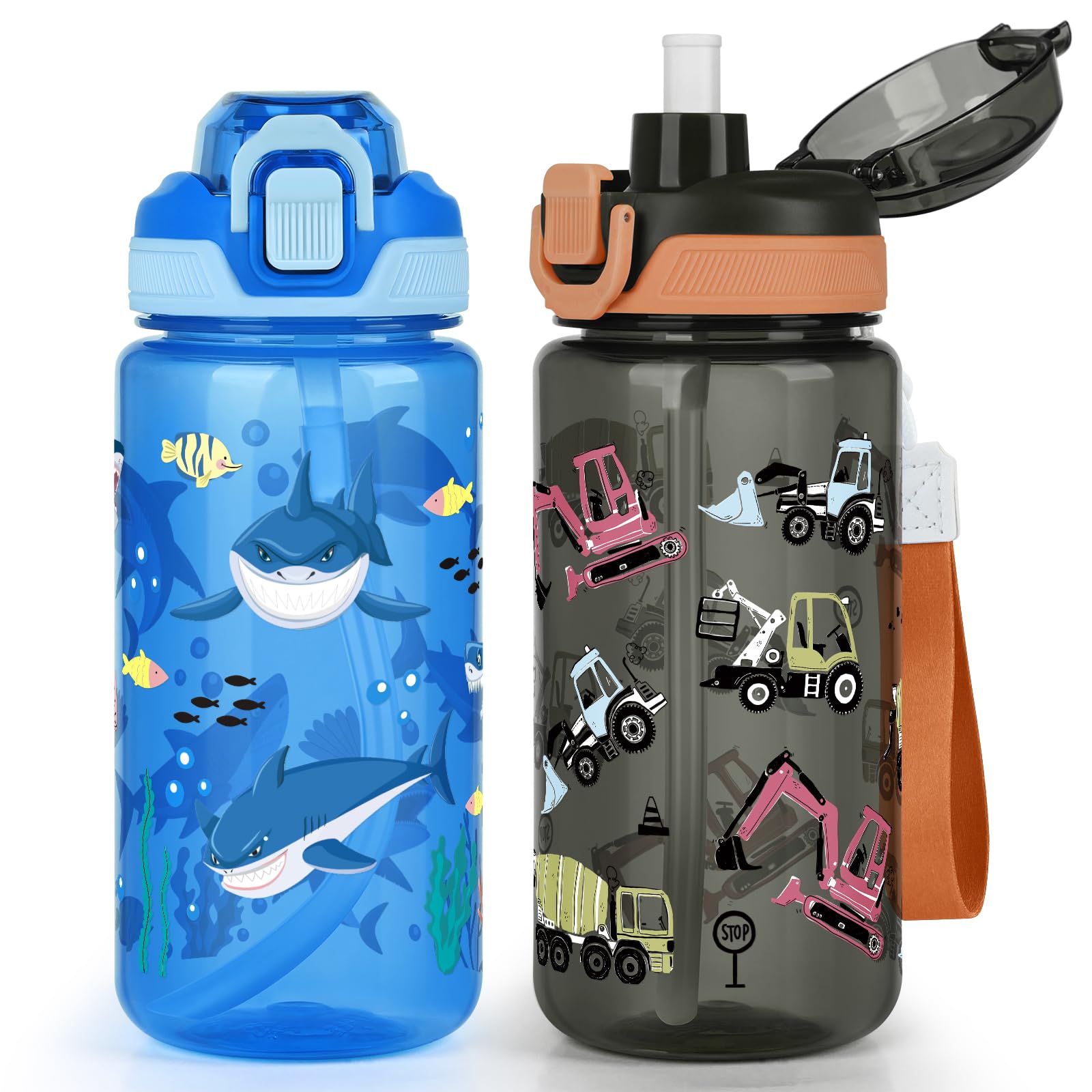 wooshwa Kids Water Bottle for School, 2-Pack 600ml Leakproof 2-in-1 Water Bottle with a Pop-up Detachbale Straw, Dishwasher Safe (Shark/Construction Truck)