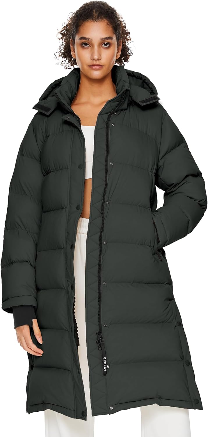 Orolay Women's Long Down Jacket Detachable Hooded Puffer Jacket Winter Warm Down Coat with Hem Slit