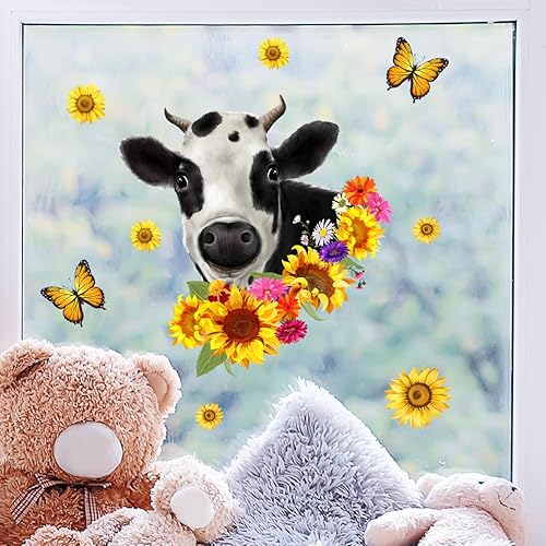 Miniatura 6 de Calcomanías de pared de animales de granja, divertidas calcomanías de pared de vaca, girasol, mariposa, calcomanías para ventana, despegar y pegar,
