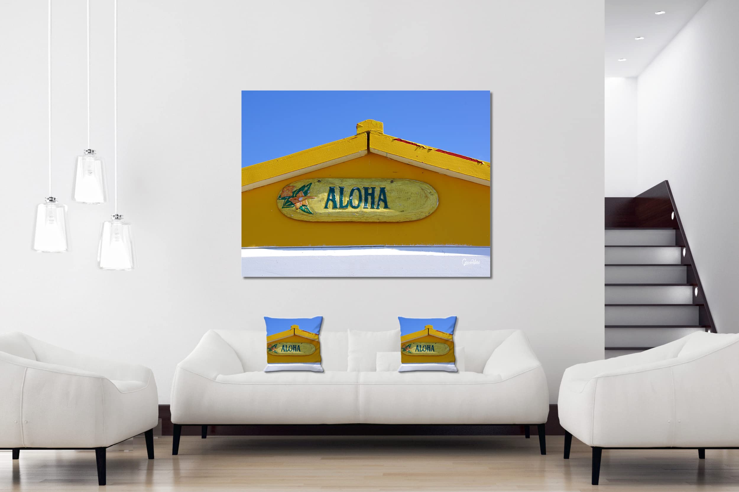 Giebel in gelb - Foto-Kissen-Hülle Set (2 STK.) 40 x 40 cm | Kissen-Bezüge - passend zu Wandbild - Deko-Kissen - Fischerhütte Haus Strand Meer