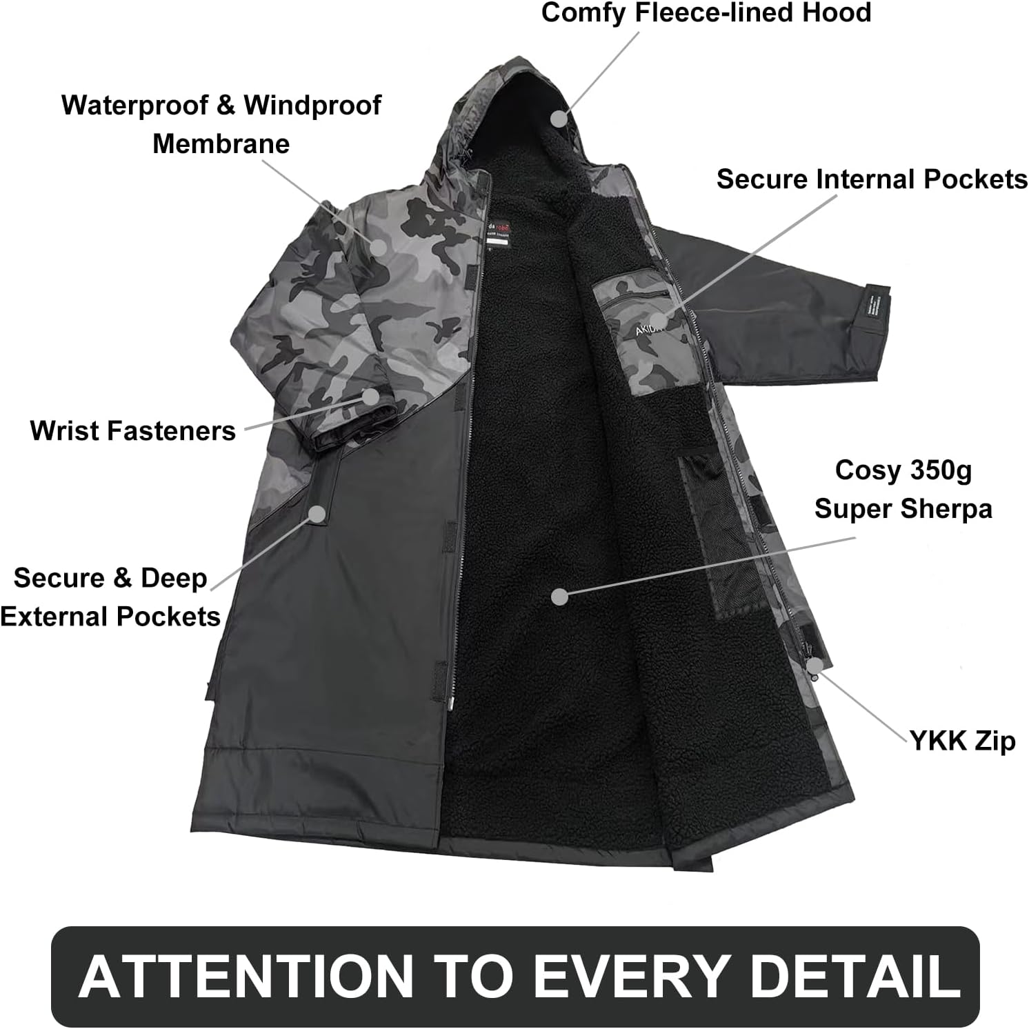Akida Adult Oversized Changing Robe/Swim Parka,Waterproof Surf Poncho Warm Jacket,Quick Dry Wetsuit Changing Towel. - Image 4