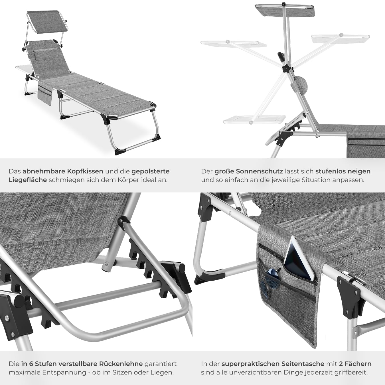 tectake® Sonnenliege mit Dach, Liege klappbar mit Kopfkissen + Seitentasche, zusammenklappbar, leicht tragbar, Aluminium Strandliege, Liegestuhl klappbar für Garten, Sonnenliege Camping - grau-meliert