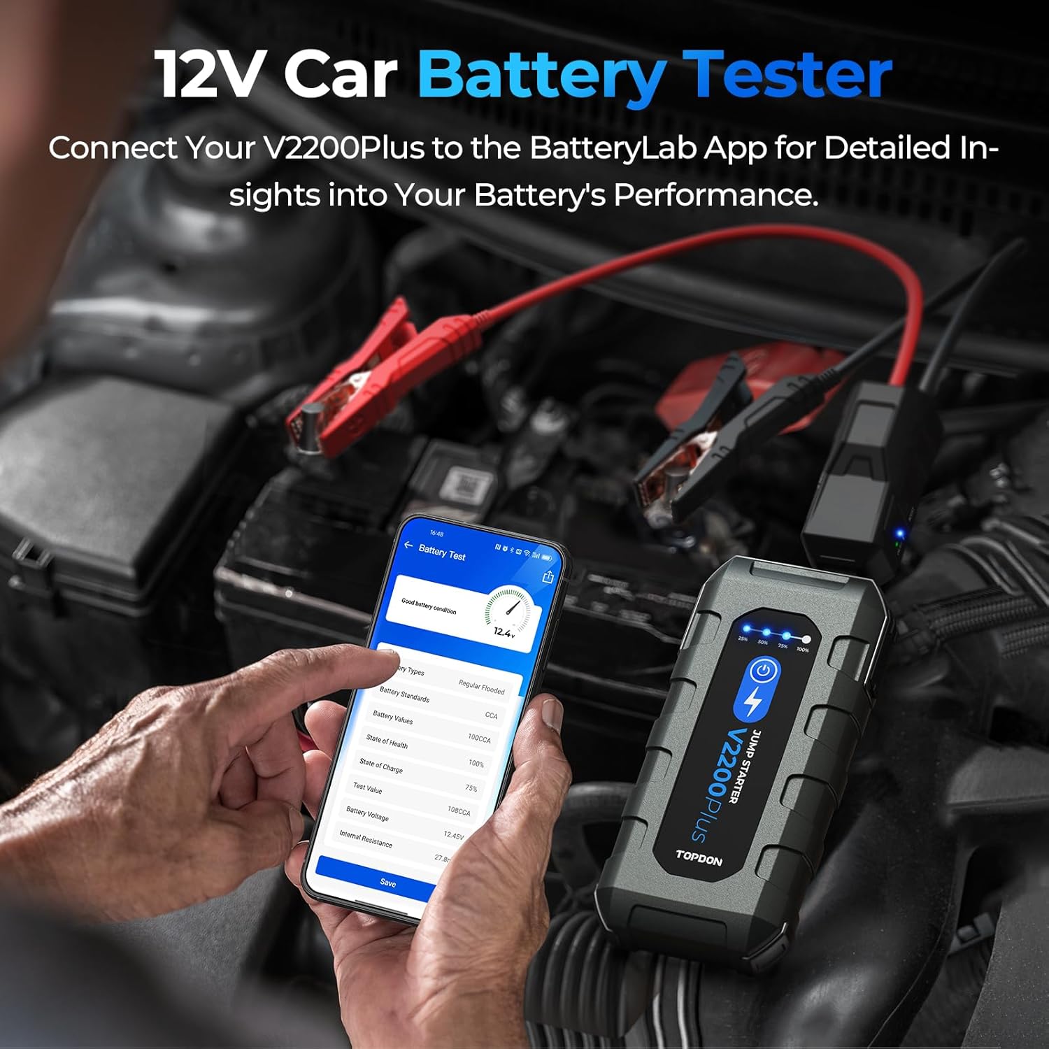 Smartphone displaying the BatteryLab app's battery test results, showing good battery condition and various parameters like voltage, CCA, SOH, SOC, and internal resistance.