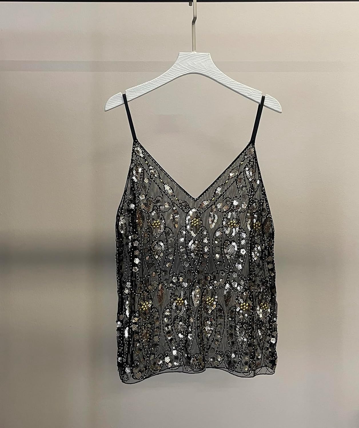 Womens Summer Sequin Sparkle Strape Camisole See Through Tank V Neck Y2k Cute Beaded Top - Image 3
