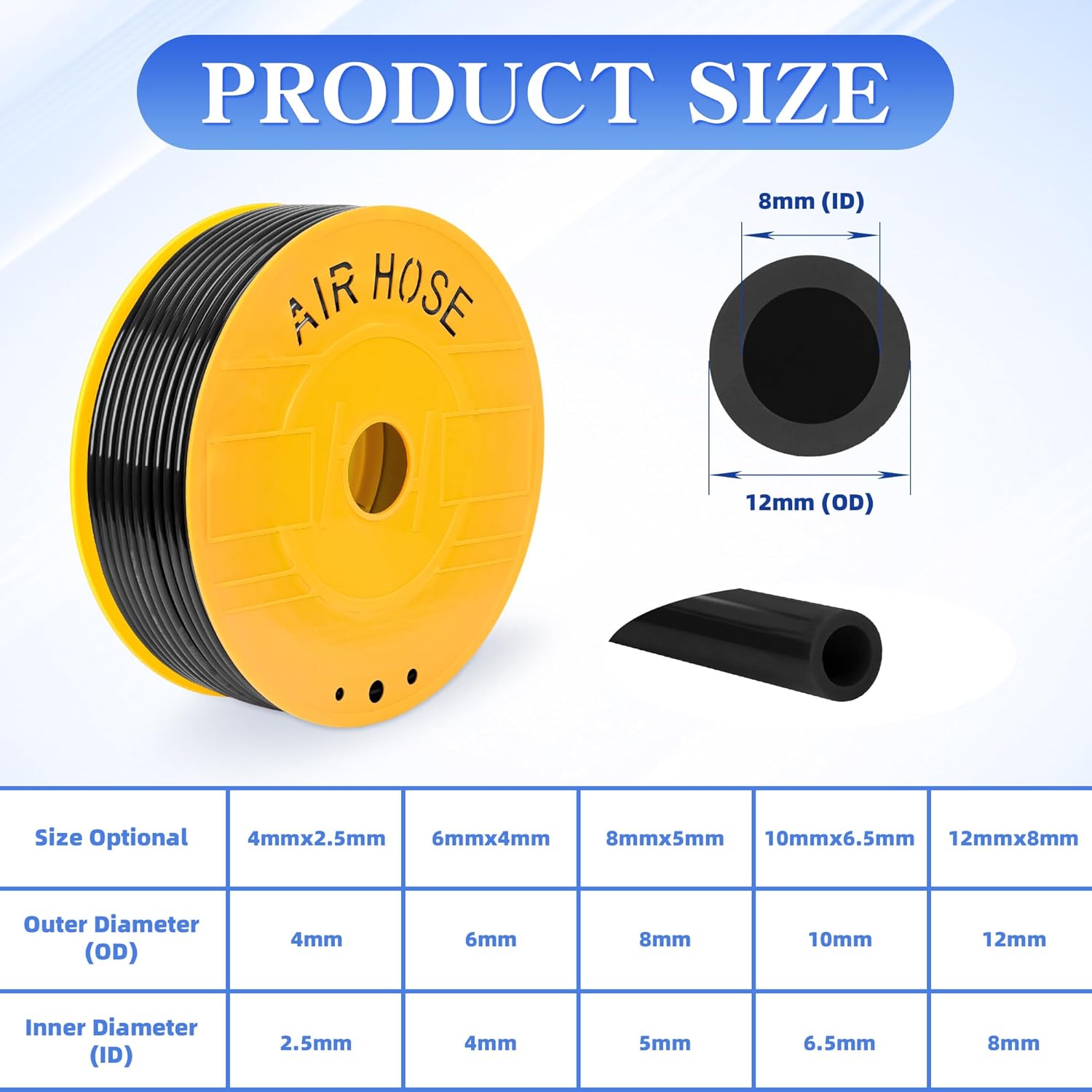 PU Air Hose 12mm OD x 8mm ID Black Polyurethane Hose 100 Meters 328 FT Pneumatic Tubing Pipe for Air Compressor