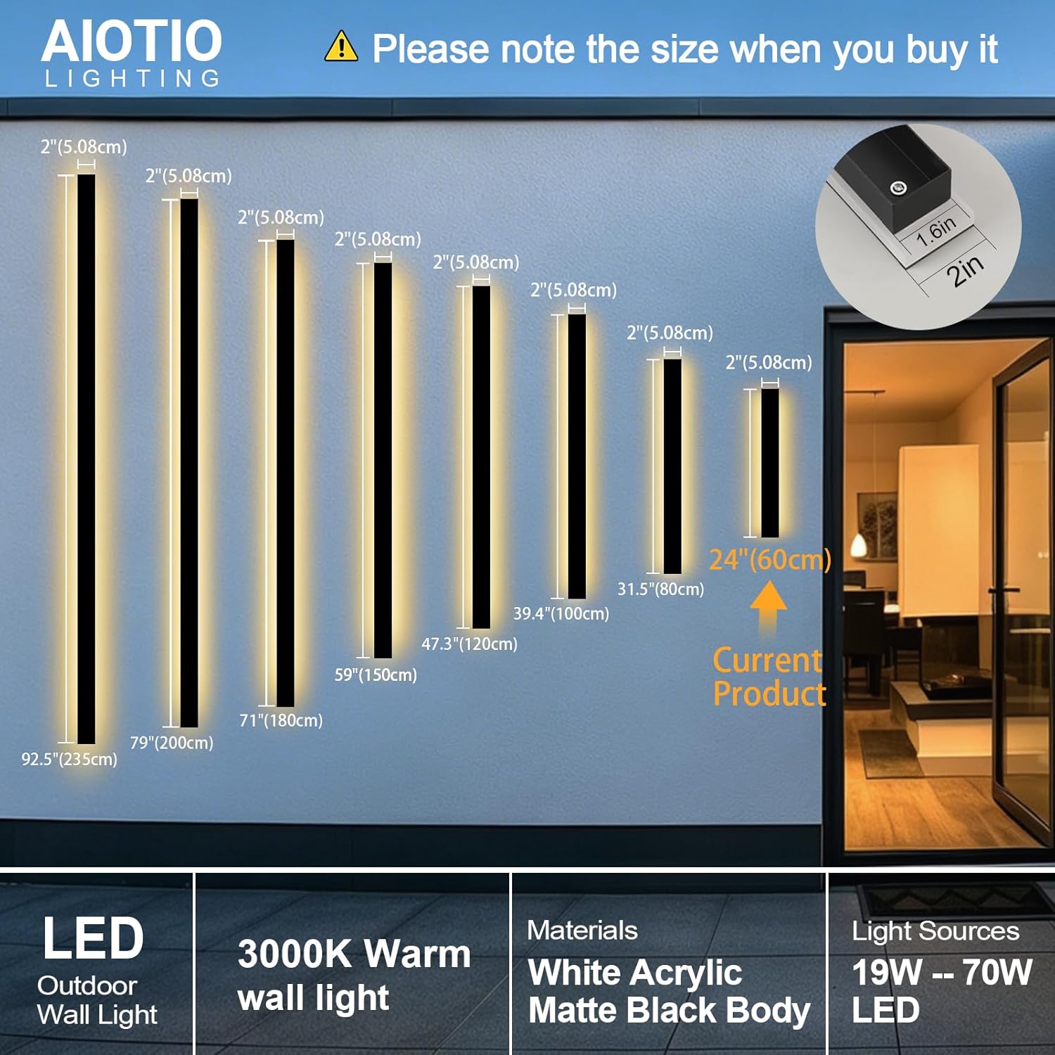 AioTio Modern Outdoor Wall Light for House,23.6inch Black LED Exterior Wall Sconces Lighting Fixtures, Outdoor Porch Light Fixture 3000K Long Linear Wall Light Outside Lighting for Patio,Garage Warm Light 1PC-2'' Wide-23.6in