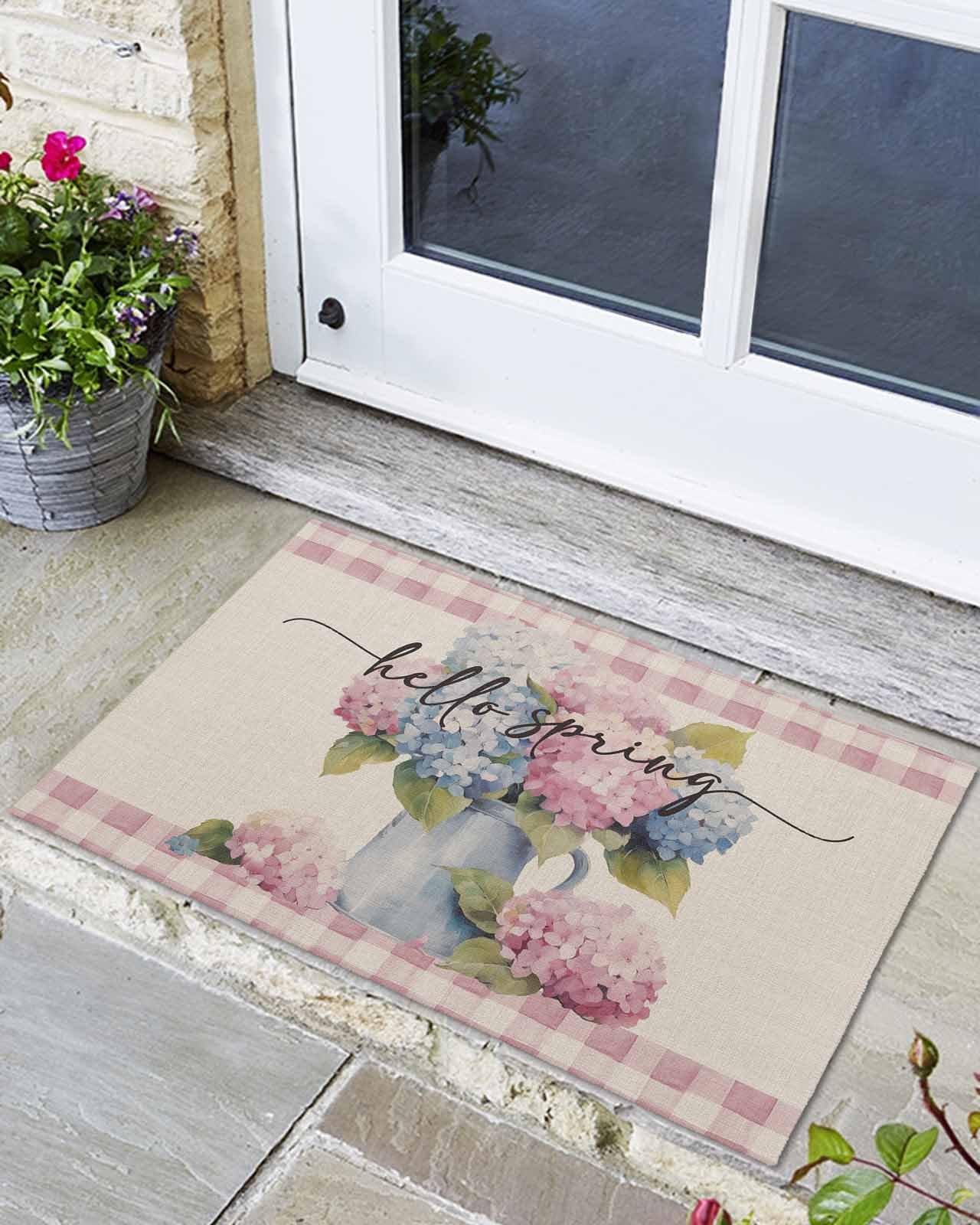 DecorLovee Pink Plaid Spring Floral Door Mat Indoor/Outdoor Entrance, Non Slip Welcome Floor Mats, Watercolor Summer Botanical Absorbent Rug Low