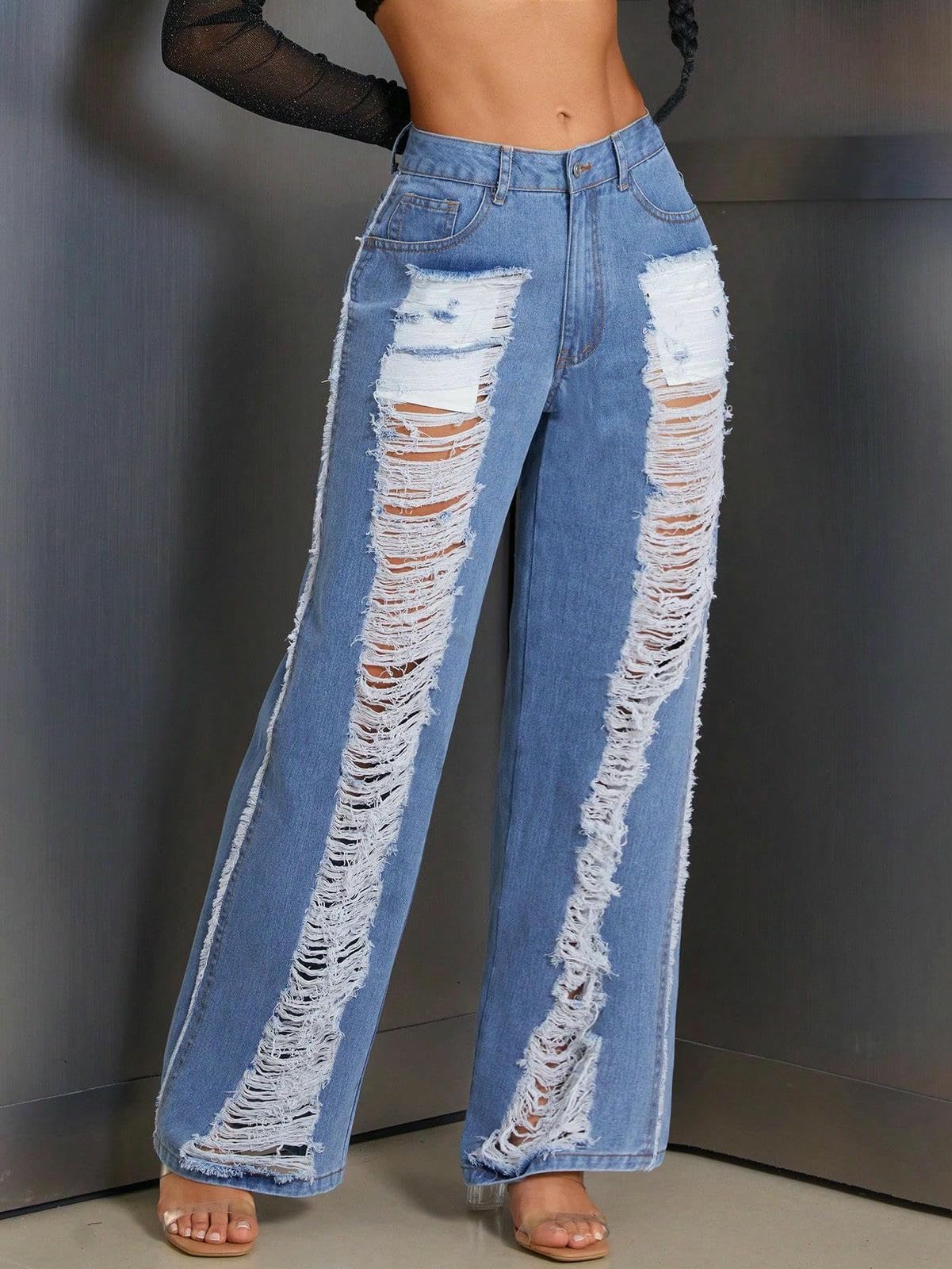 Jeans da Donna Moda Strappato Dritto Sciolto Denim Pantaloni Casual-Blu-l