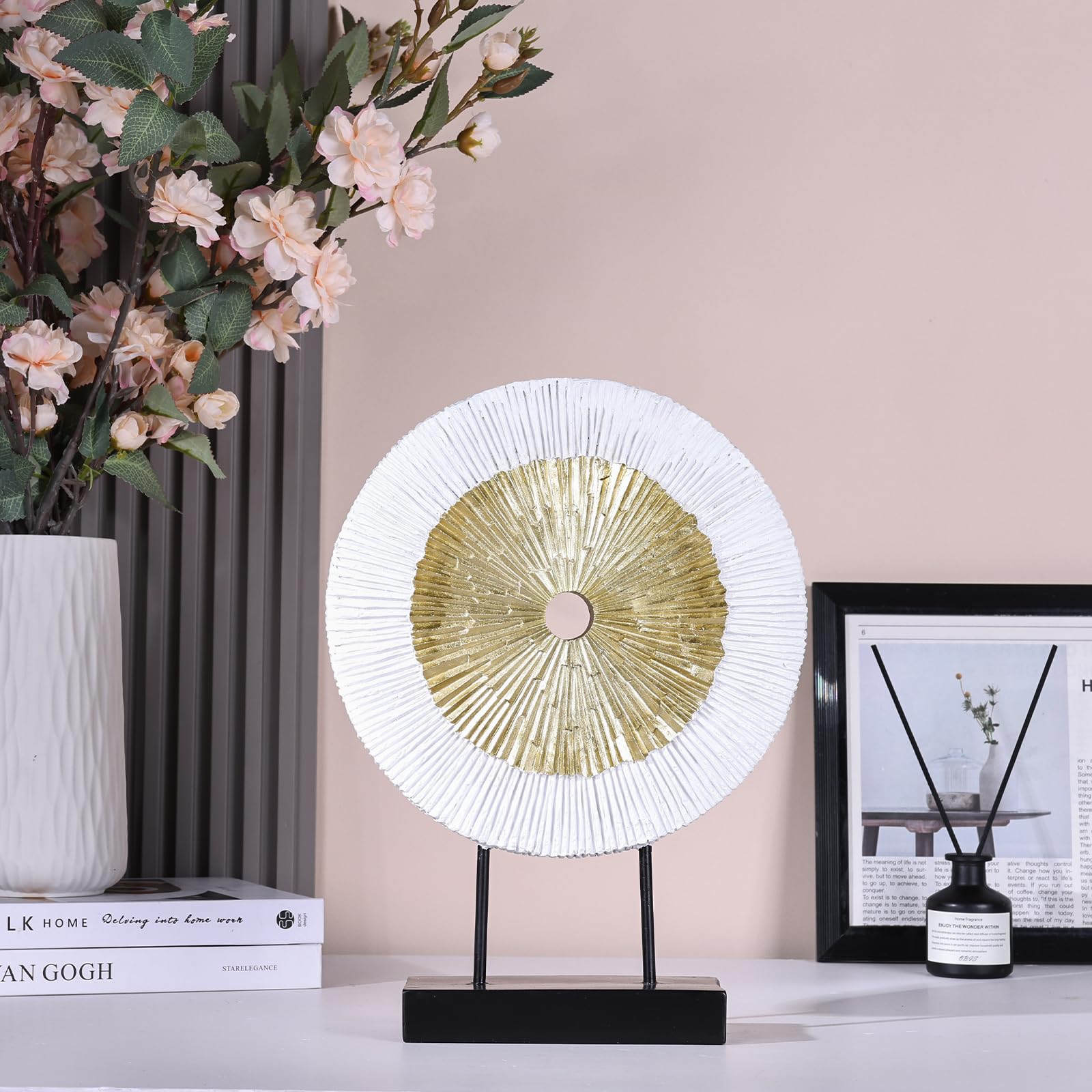 Scultura rotonda astratta in oro bianco, alta 30,5 cm, decorazione unica per la casa sopra l'armadio, tavolino da caffè, console, ufficio, ingresso, centrotavola (oro bianco)