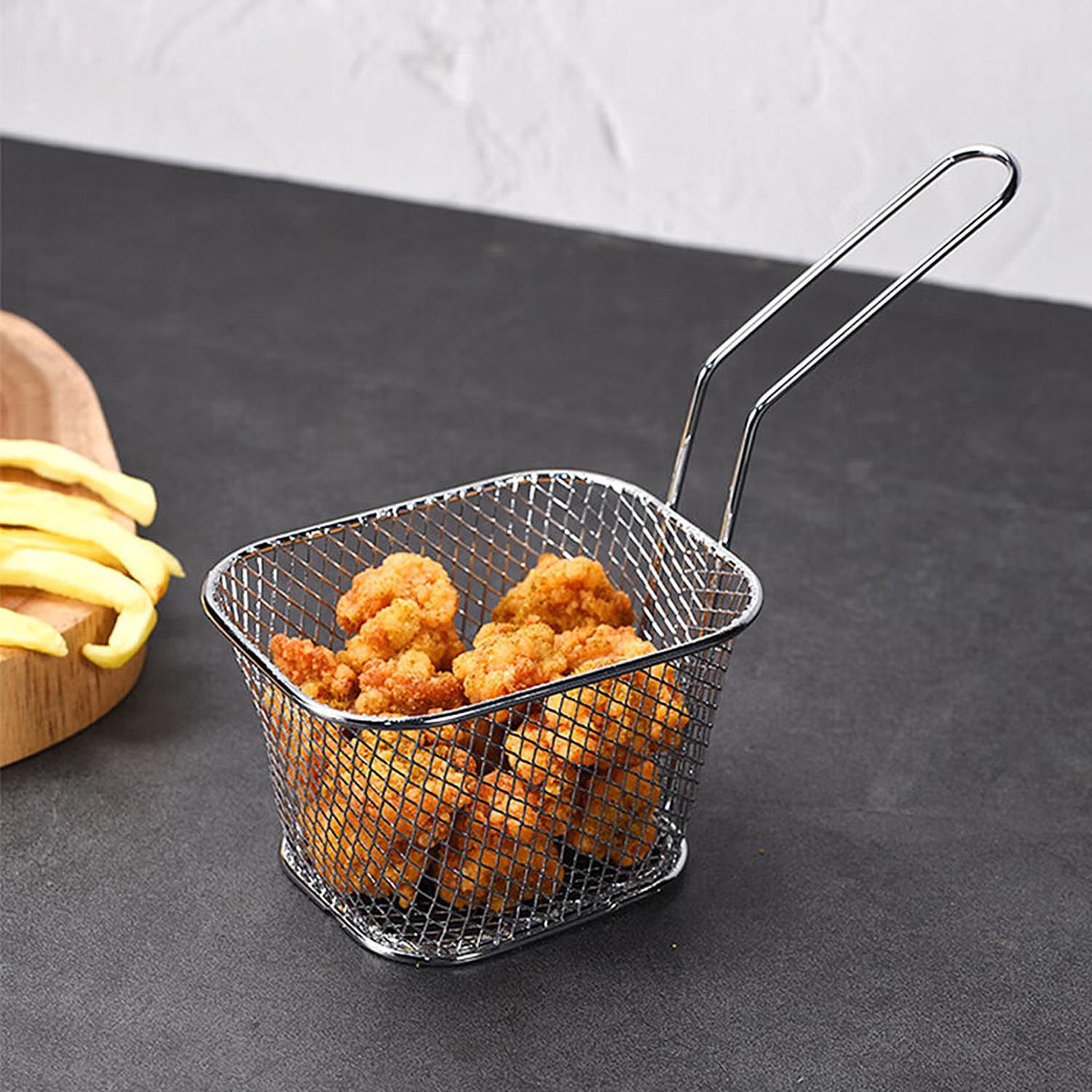 10 mini cestas cuadradas para freír, rejilla freidora, cesta de acero inoxidable con mango largo para patatas fritas para cocina, restaurante, fiesta, barbacoa, 4.1 x 3.3 x 2.5 pulgadas.