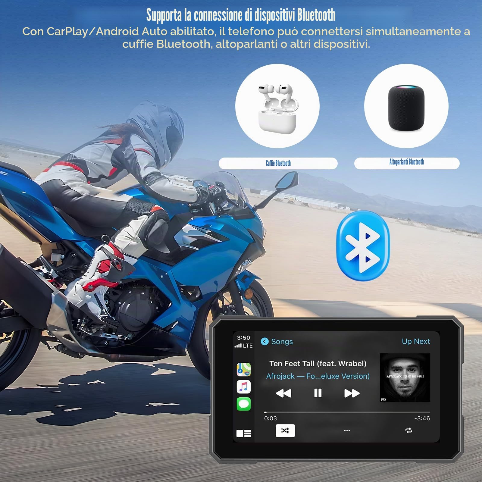 SIXWIN Senza Fili Schermata Carplay Per Moto, Portatile CarPlay & Android Auto Per Moto, 5 Pollici IP67 Impermeabile Touchscreen,Supporto Doppio Bluetooth, Navigazione GPS, Siri, G00gle
