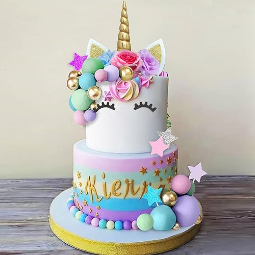 38 piezas de decoración de pastel de unicornio con bolas de flores, estrellas, unicornio, decoración de pastel de feliz cumpleaños (flor)