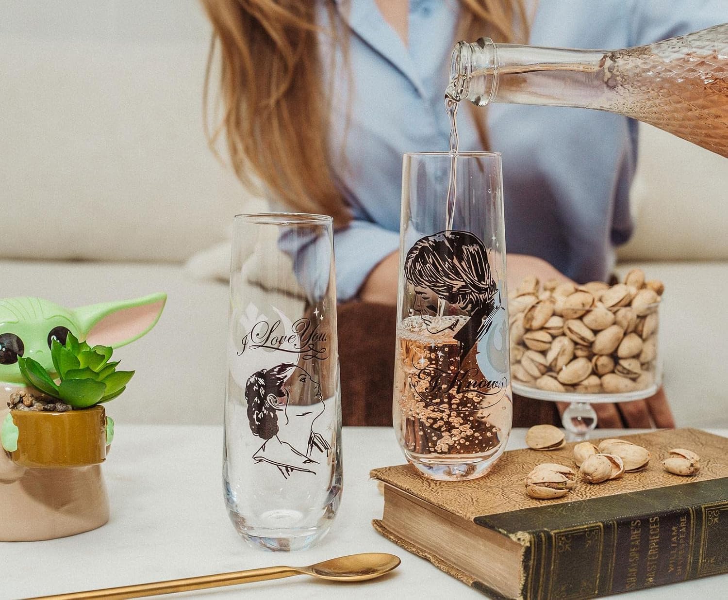 Star Wars Han and Leia "I Love You, I Know" 9-Ounce Stemless Fluted Glassware, Set of 2 | Toasting Champagne Glass Cups For Wine, Mimosas, Cocktails | Home Bar & Kitchen Essentials, Housewarming Gifts