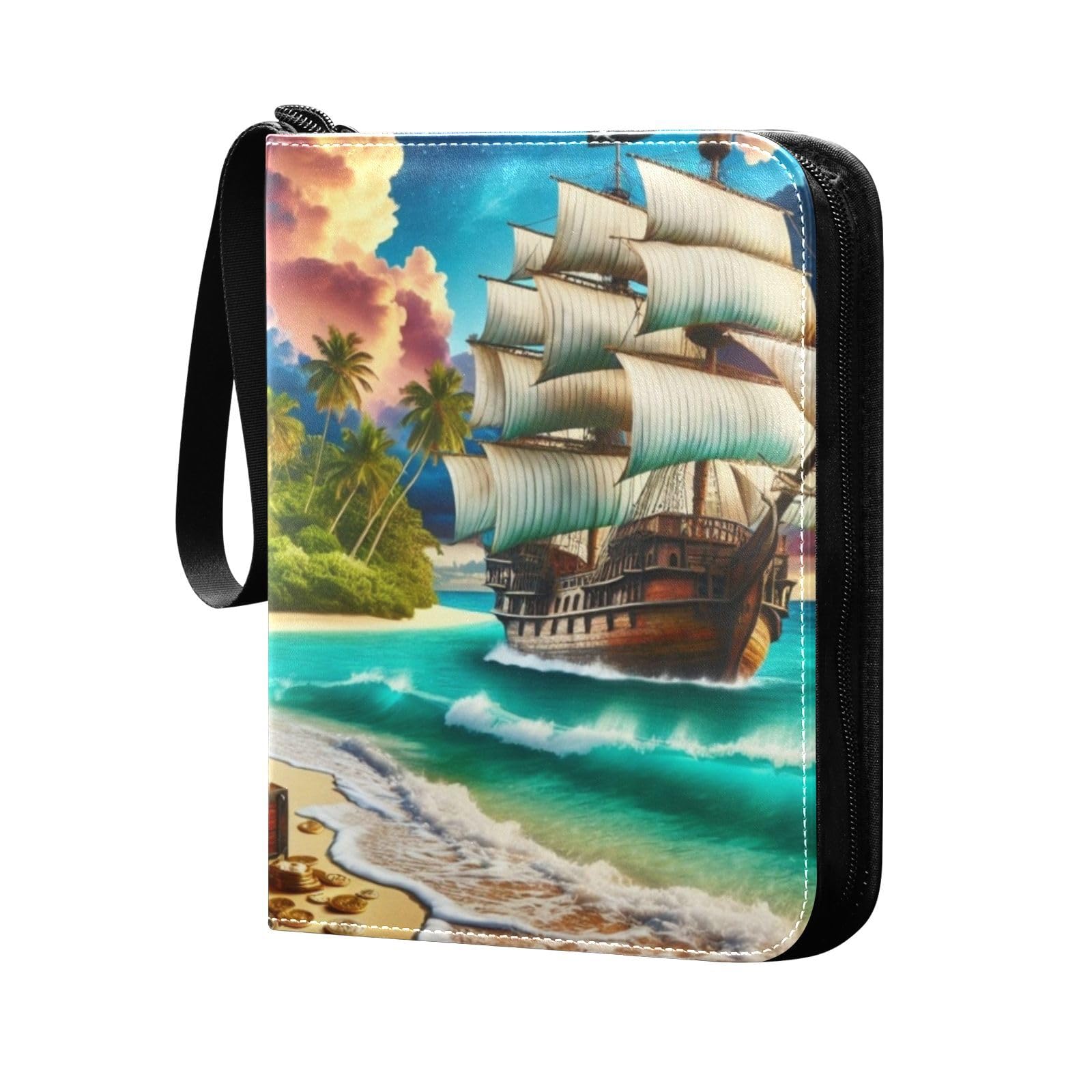 FLildon Sea Pirate Ship Card Binder 4 Pocket Trading Card Album Fits 400 Sports/Game Cards, PU Cover 3 Ring Card Collection with 50 Removable Sleeves