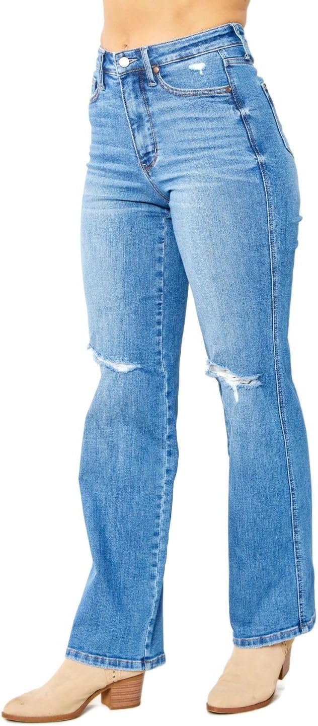 Judy Blue Women's High Waist Tummy Control Distressed Straight Jeans (US, Numeric, 11, Regular, Regular, MD) - Image 4