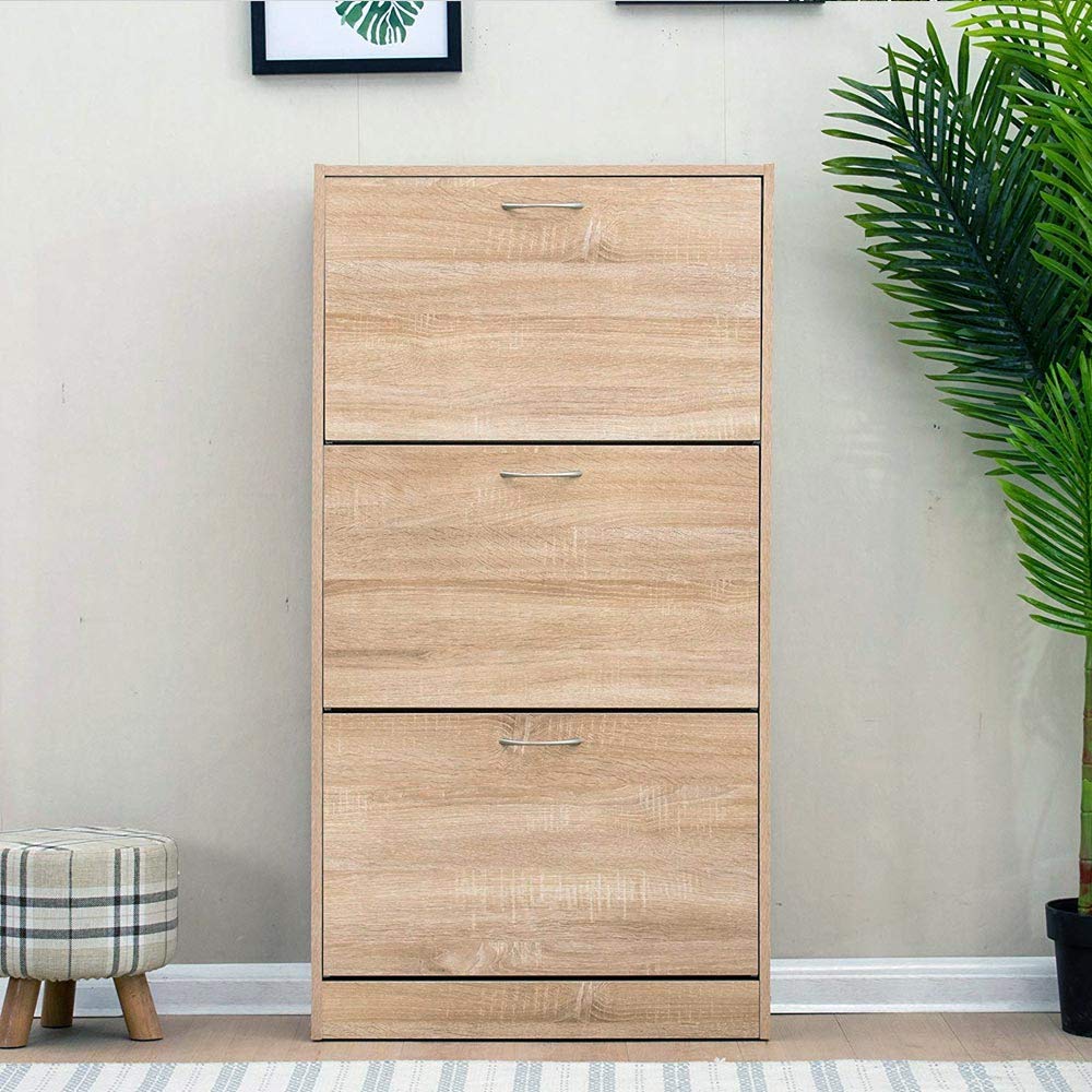 BAKAJI Scarpiera Salvaspazio Slim Portascarpe in Legno Melaminico con 3 Ante a Ribalta e Doppia Profondita' Dimensioni 60 x 24 x 120 cm Rovere
