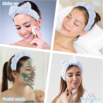 4 Pieces Spa Headband for Washing Face, Skincare Terry Cloth Headband Wristband Set,Elastic Hairbands Face Washing Wristband,Sponge Puffy Makeup Headbands for Women Girls Shower,Sports,Yoga(Blue)