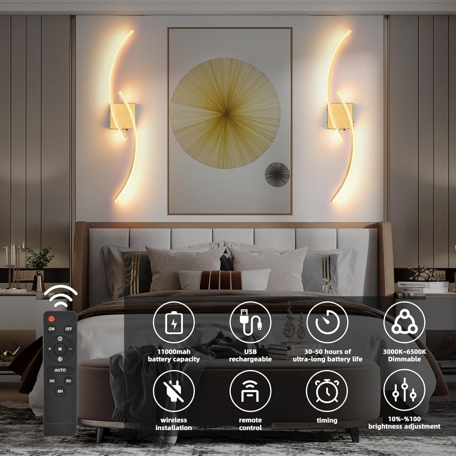 Battery Operated Wall Sconce Set of two, 3000K-6000K LED Dimmable Battery Wall Sconces with Remote Control, USB Rechargeable 31.4 inch gold Wireless Wall Lights for Living Room, Bedroom, Staircases