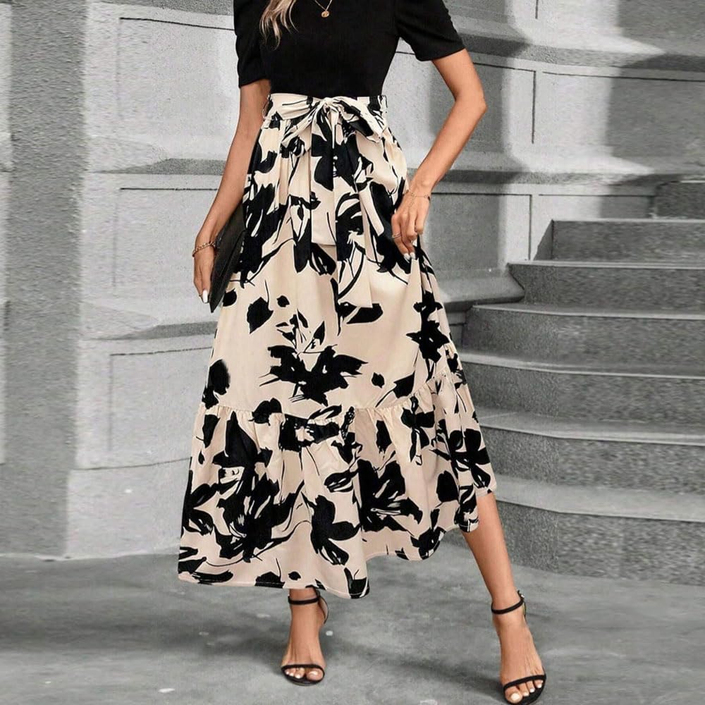 Vestito Donna Stampa Floreale Maniche Corte Scollo Rotondo Abiti Elegante Orlo a Volant Estivo Vestiti da Cocktail Party