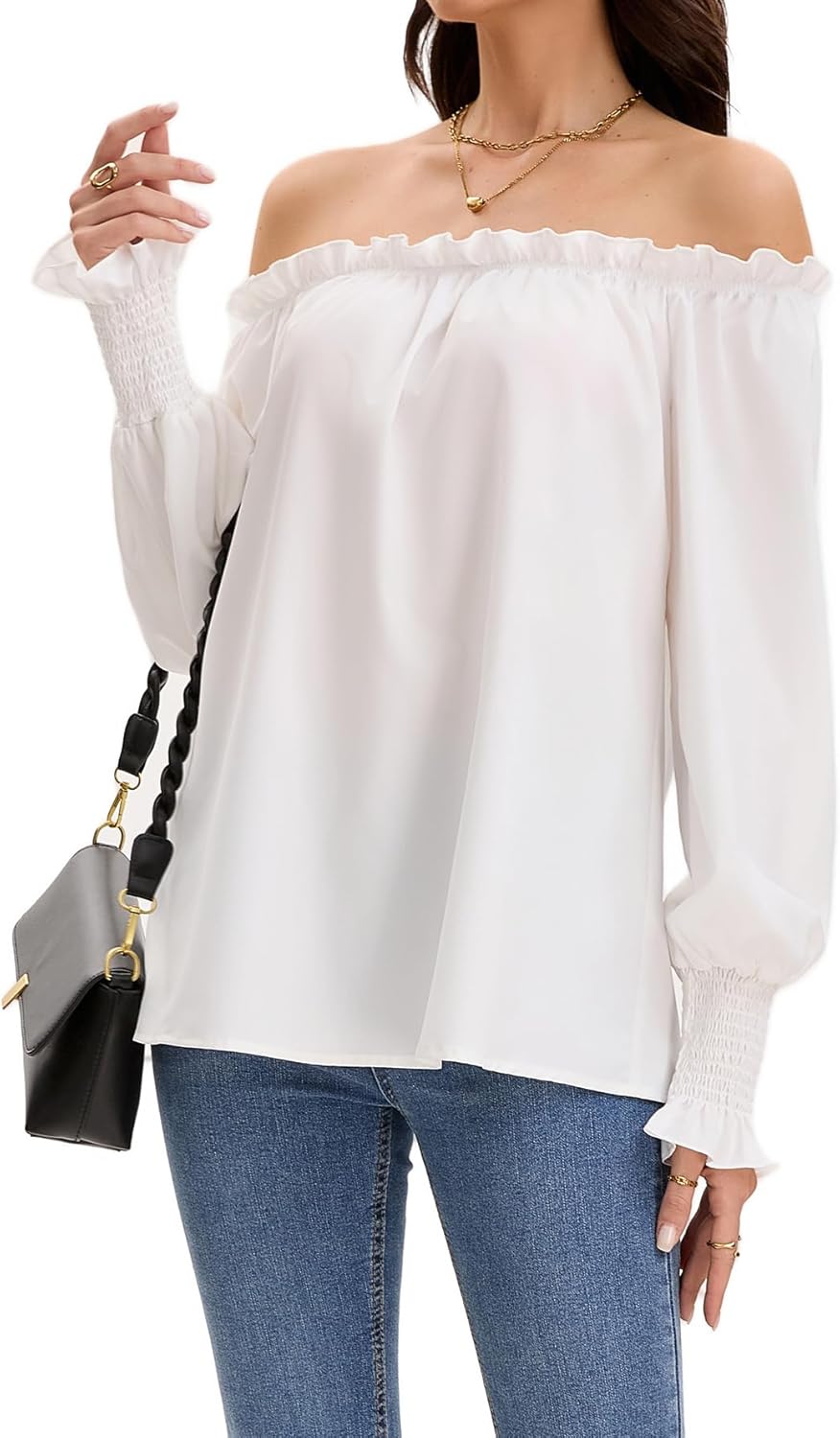 Women's Off The Shoulder Top Long Sleeve Ruffle Hem Blouse Casual Loose Shirts - Image 4