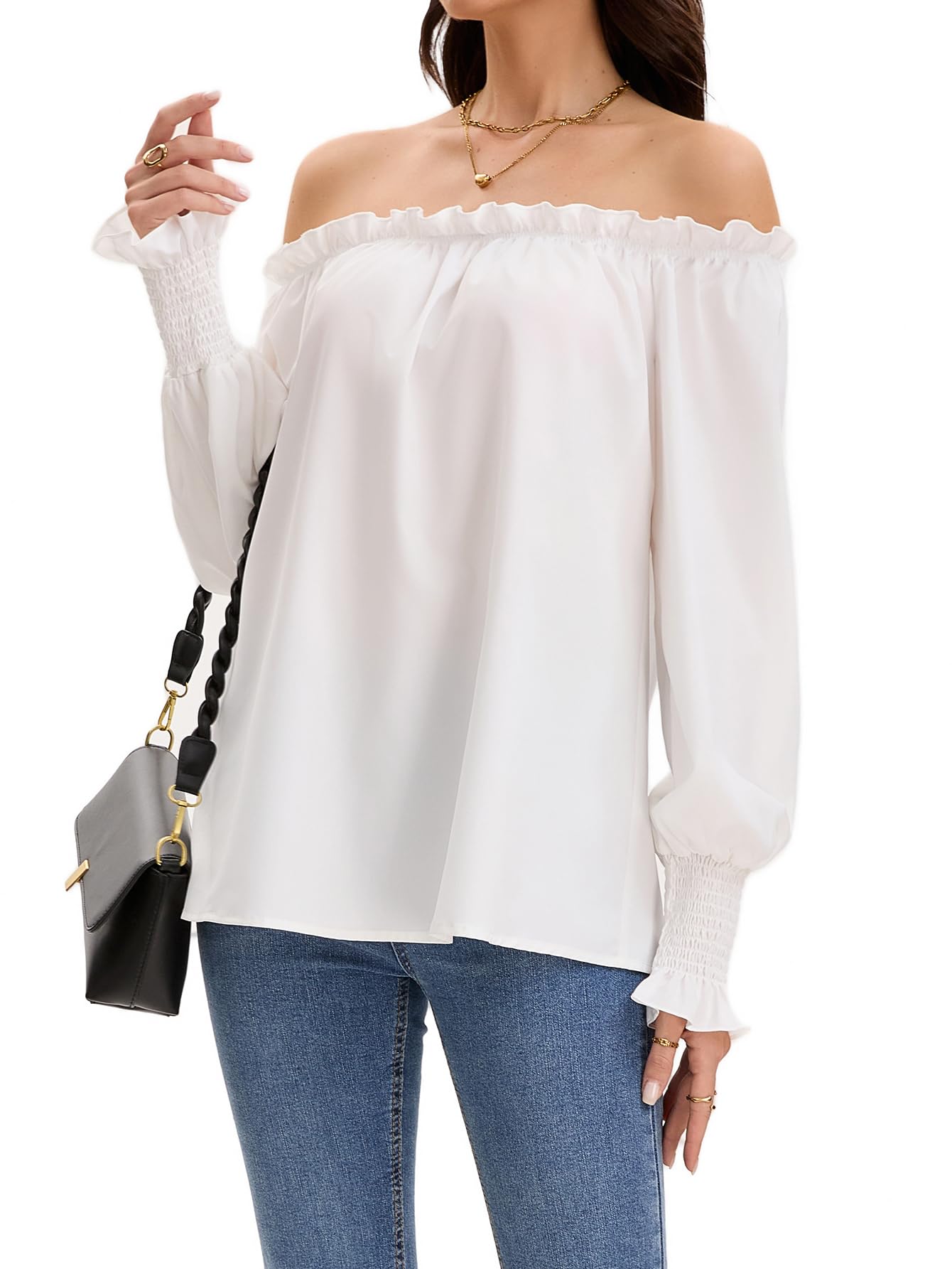 Women's Off The Shoulder Top Long Sleeve Ruffle Hem Blouse Casual Loose Shirts