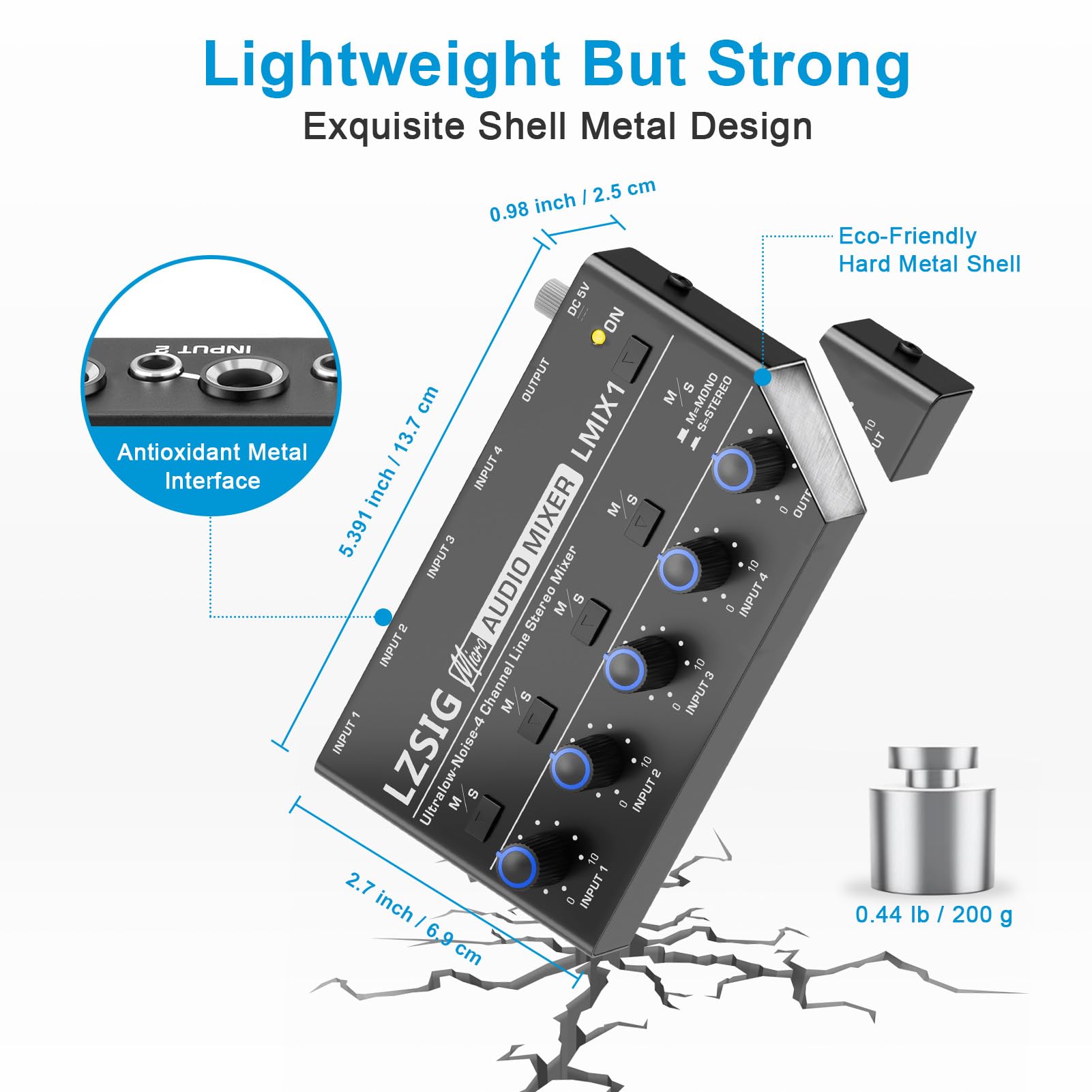 LZSIG Mini Audio Mixer, Stereo Line Mixer for Sub-Mixing, Ultra Low-Noise, 4-Channel, Dynamic Microphone Independent Control, 1/4" & 1/8" TRS Output and Input for Guitars,Bass,Keyboards