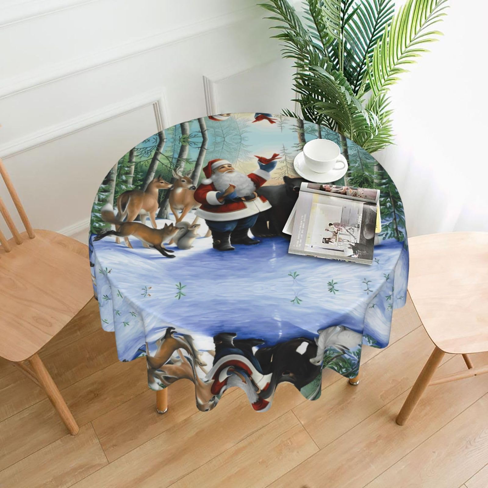 YYHWHJDE Santa Claus and Animals Prints Round Decorative Tablecloth 60in – Elevate Your Dining Space with this Elegant Throw for Everyday Charm & Special Occasions