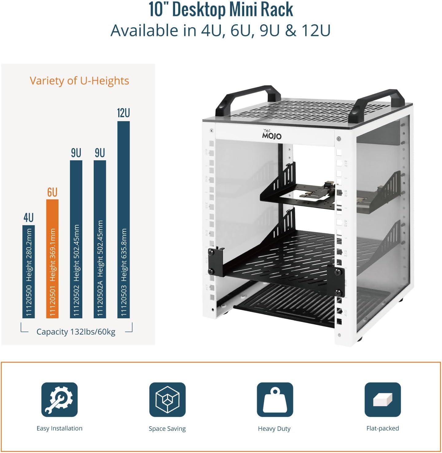 Tecmojo 6U Network Rack, 10 inch Mini Server Rack with 2 Side Translucent Panels & 2 Top Handles, 7.87 inch Deep, for 10 inch IT Equipment & A/V Devices, White - Image 5