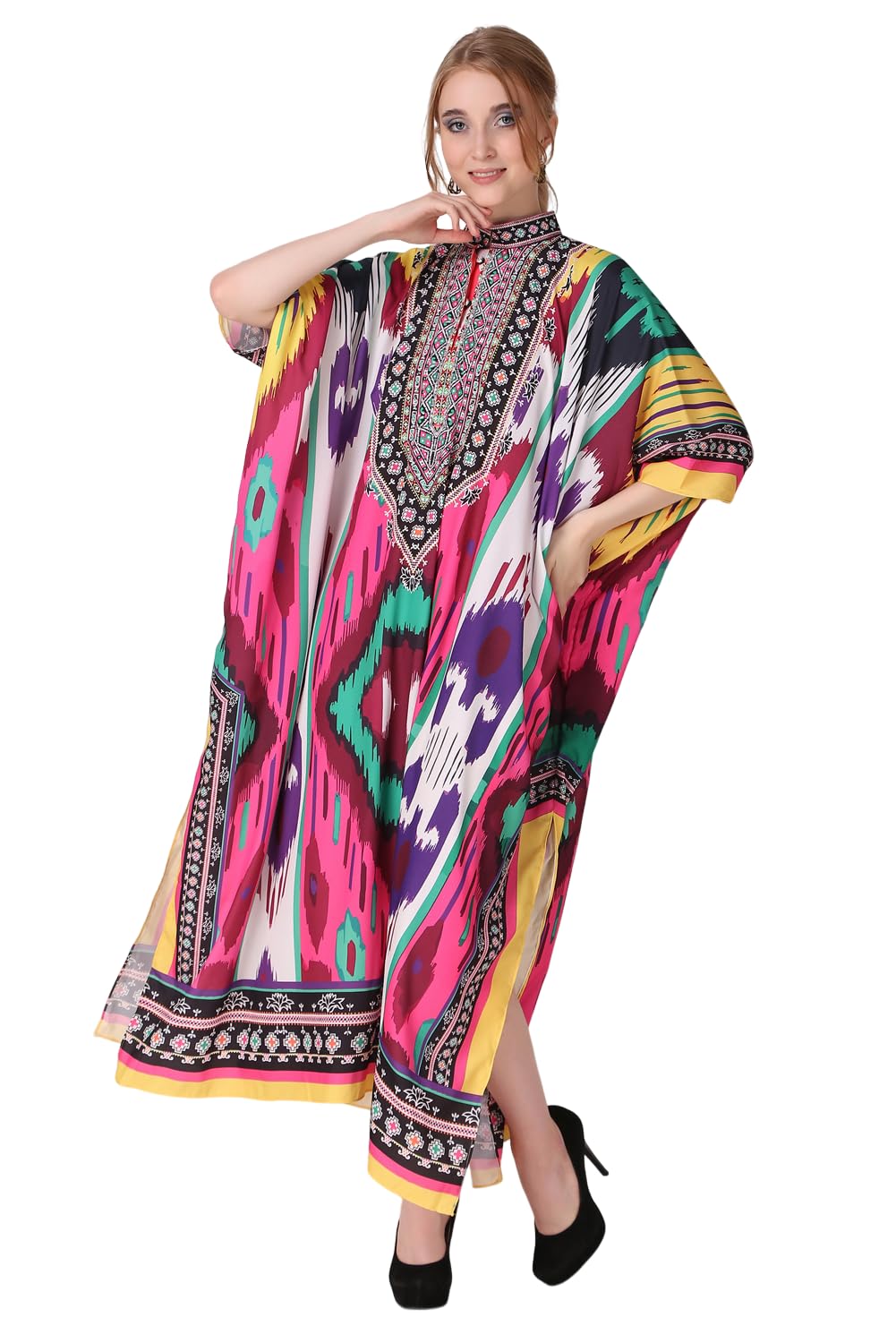 Abstract Avant Grade Printed Crepe Maxi Length Kaftan Dress for Women Multicolor Freesize-image-19