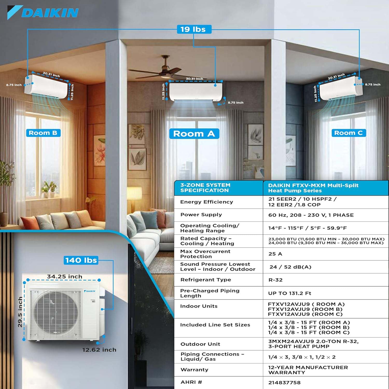 DAIKIN - masa Daikin 24000 BTU 21 SEER2 R32 3 Zone Mini Split AC Heat Pump