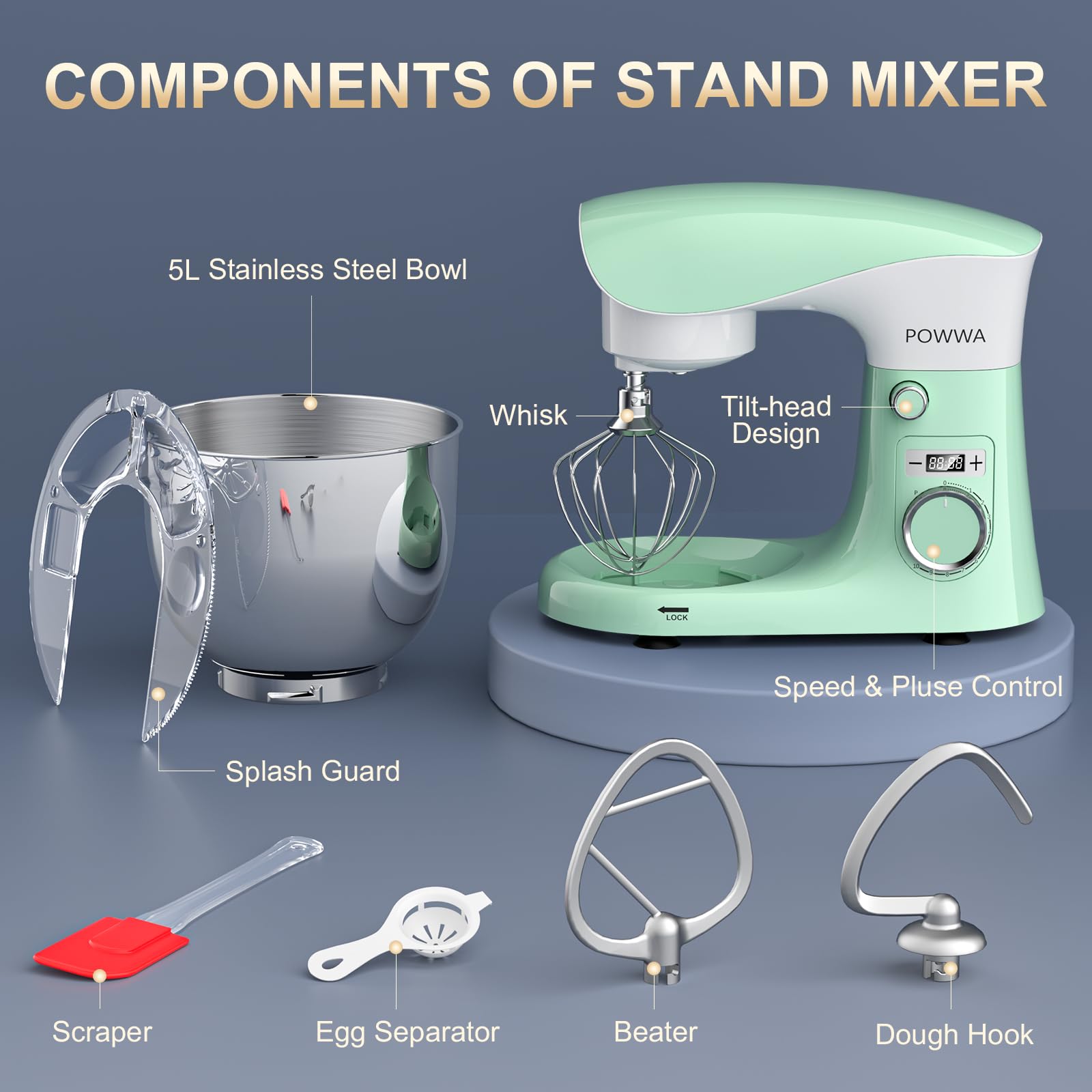 Batidora Amasadora Profesional POWWA 5L, Verde Blanco | Amasadora de Pan Repostería, 10 Velocidades con Pulso, Bajo Ruido, Robot de Cocina Multifunción